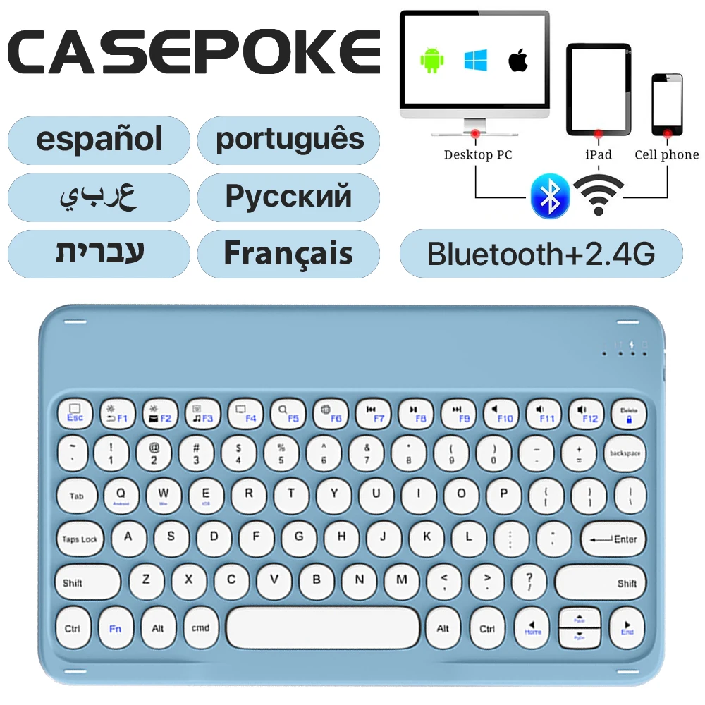 CASEPOKE-لوحة مفاتيح لاسلكية وفأرة مستديرة ، بلوتوث ، أندرويد ، IOS ، هواوي ، شيو ، تابلت ، كوري ، روسي ، إسبانية