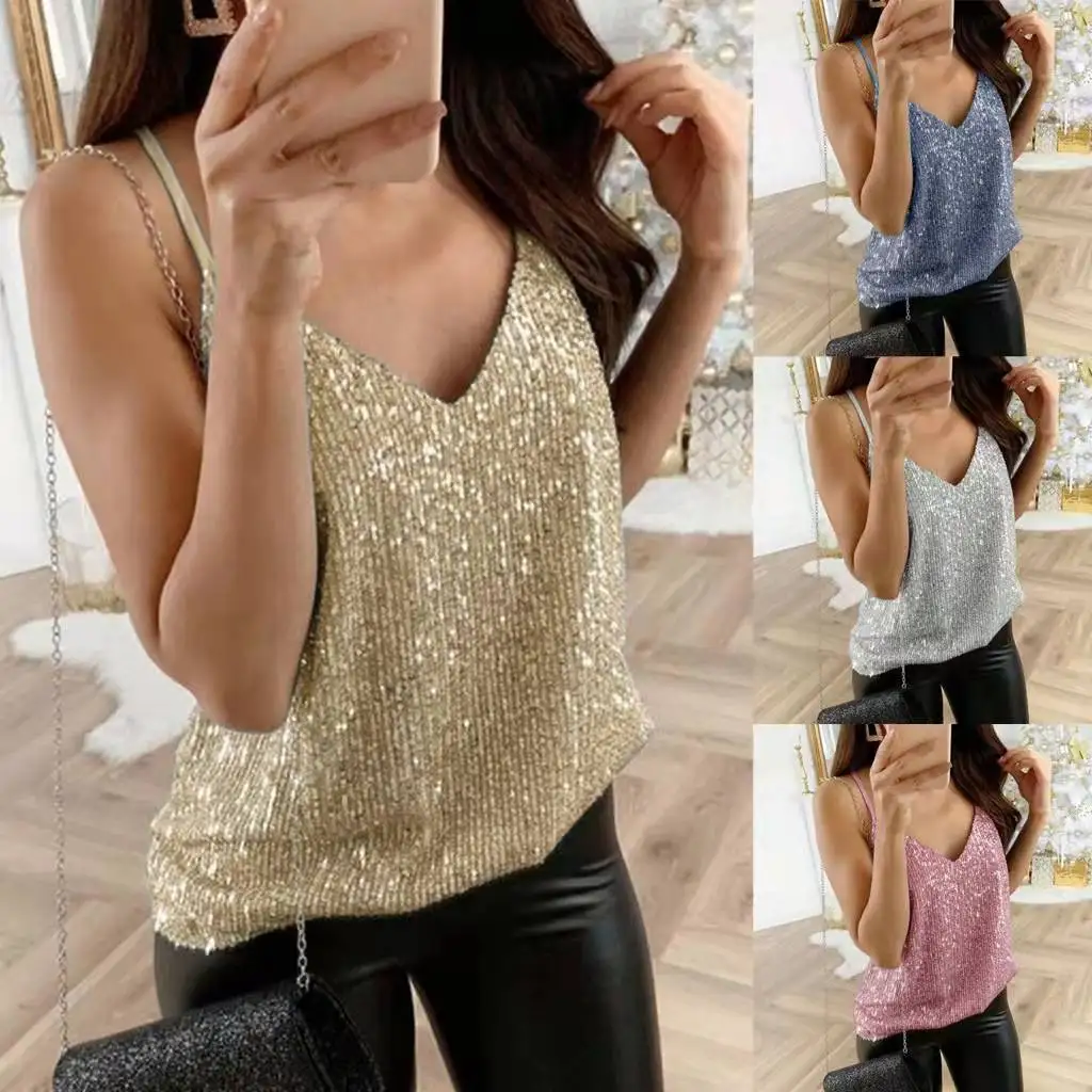 

New Fashion Sexy Wrap Deep V Neck Cut Out Loose Shiny Halter Crop Tops Women Tank Top Camisole Female Sleeveless Cropped Vest