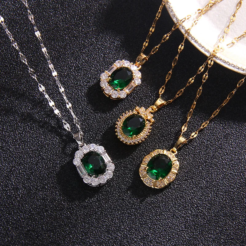Luxury Vintage Green Zircon Pendant Necklaces for Women Lady Stainless Steel Chain Elegant Collar Accessories Jewelry Gifts