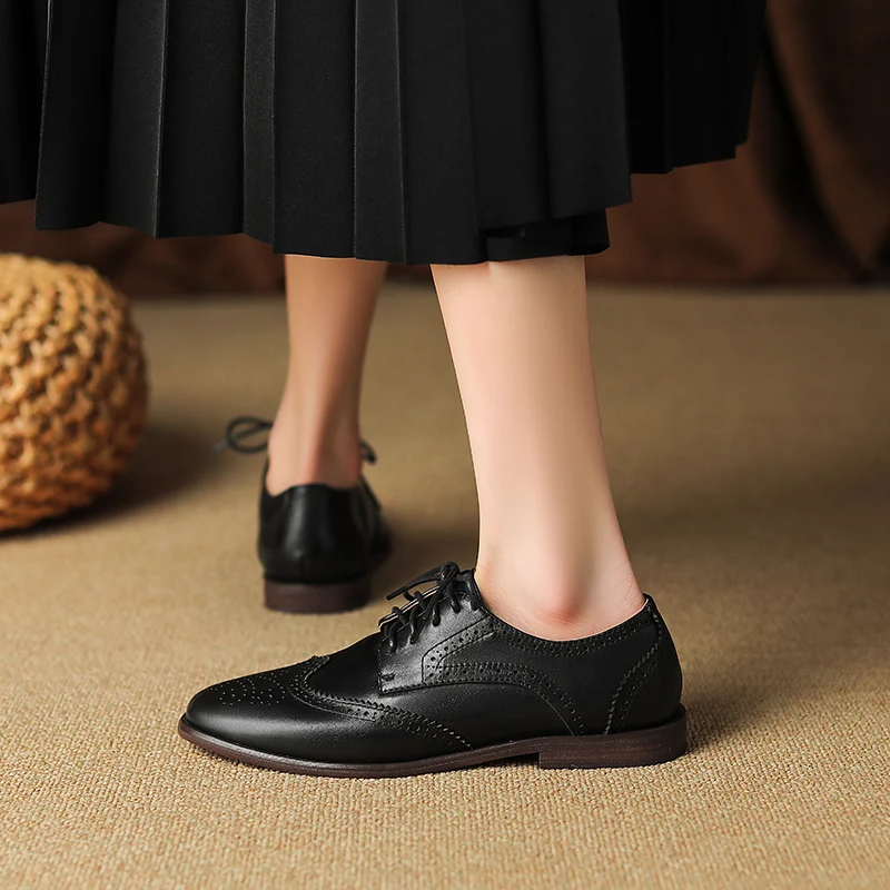 Women Oxford Low Heel 2023 Spring Shoes for Woman Genuine Leather Brogues Vintage Lace Up Loafers Casual Black Brown Girls Shoes