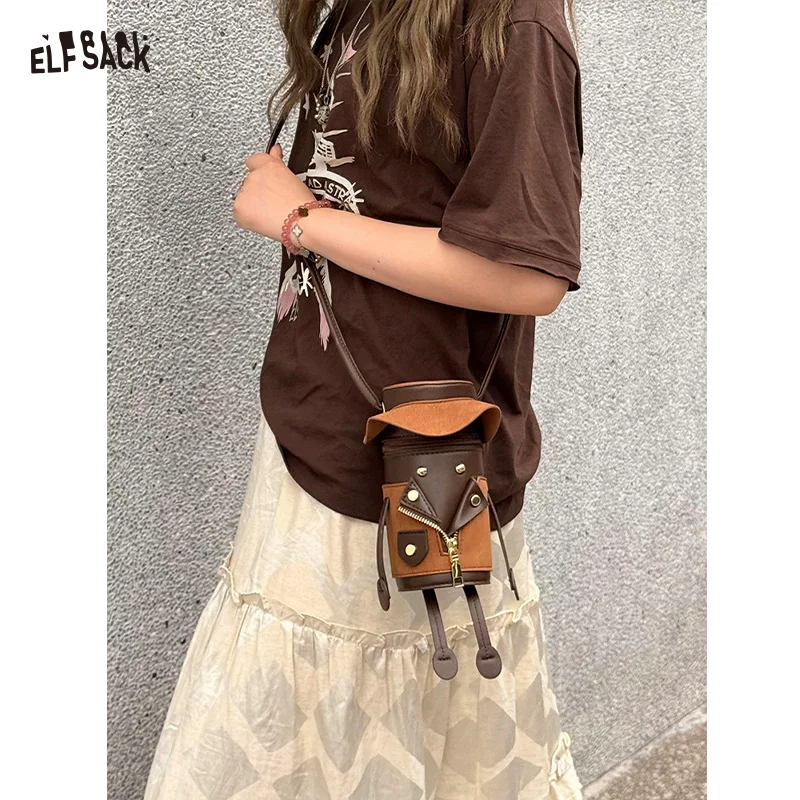 

ELFSACK Women's Cute Character Crossbody Bag, Mini Cylinder Shoulder Bag with Hat Design, Faux Leather Novelty Purse for Daily