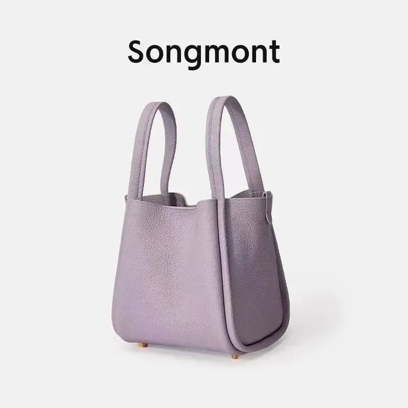 Songmont Grocery Bag Medium Small New Snap Closure Series Cowhide Leather Large Capacity Handheld Bucket Bag Women Versatile