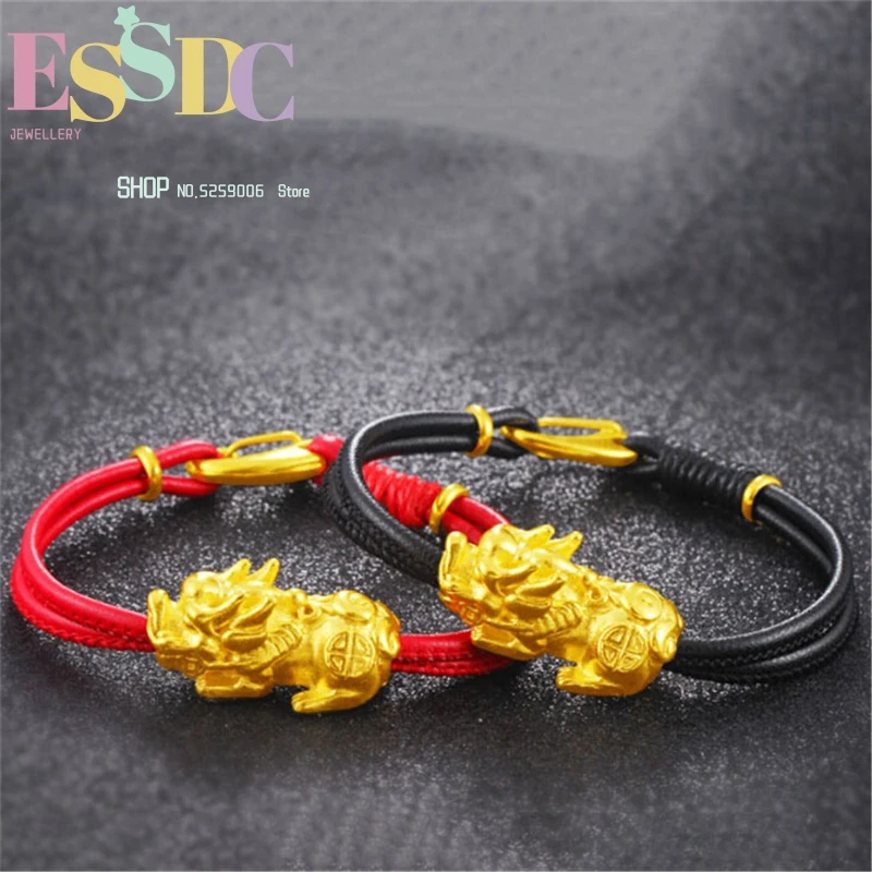 Sand Gold PiXiu Charm  Red and Black Genuine Leather Rope Chain Bracelet for Fashion Male or Female Jewelry Wholesale