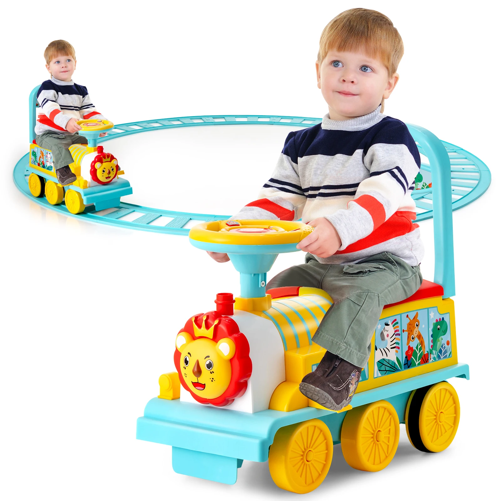 

6V Electric Kids Ride On Train Motorized Train Toy w/ Track & 6 Wheels Blue