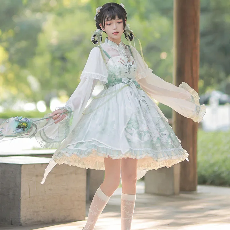 New fresh green Swan Castle ~ Chinese style retro elegant original Lolita cute Princess bow Lolita dress