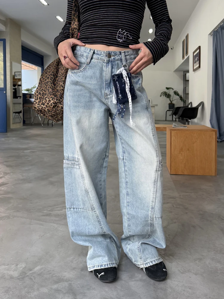 

Washed American Style Straight Leg Wide Leg Workwear Jeans Casual Loose Fit Men's Design Sense Multi Pocket Vintage Long Trou...
