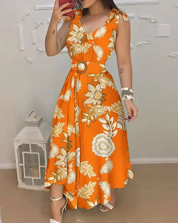 

Women Sleeveless Casual Summer Dress 2024 Spring Summer Floral Print Tied Detail Belted Design Clothing Holiday Maxi Dress