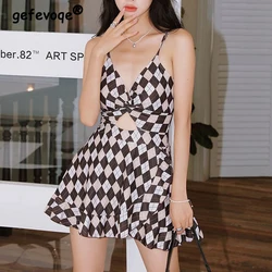 2023Women Sexy Hollow Backless One Piece Swimsuit Summer Plaid Print V Neck Beach Mini Dress Swimwear Y2K Slim Bathing Suit Ropa