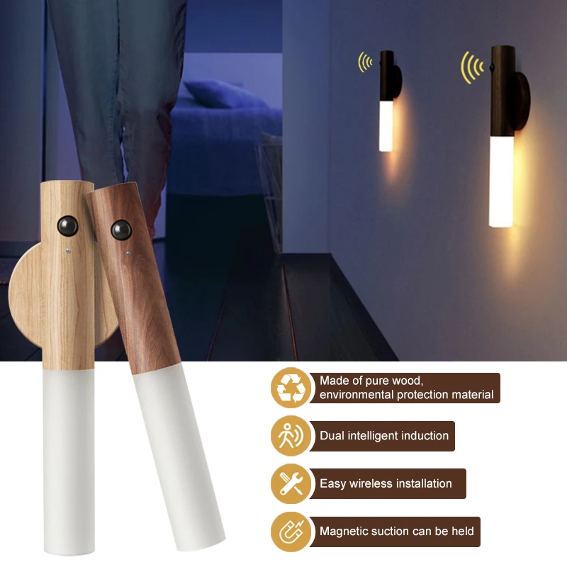 Magnetic Wooden Night Light With Motion Sensor Wall Lamp Lamp Corridor Cabinet Wardrobe Bedside Kitchen Table Move Home Lighting