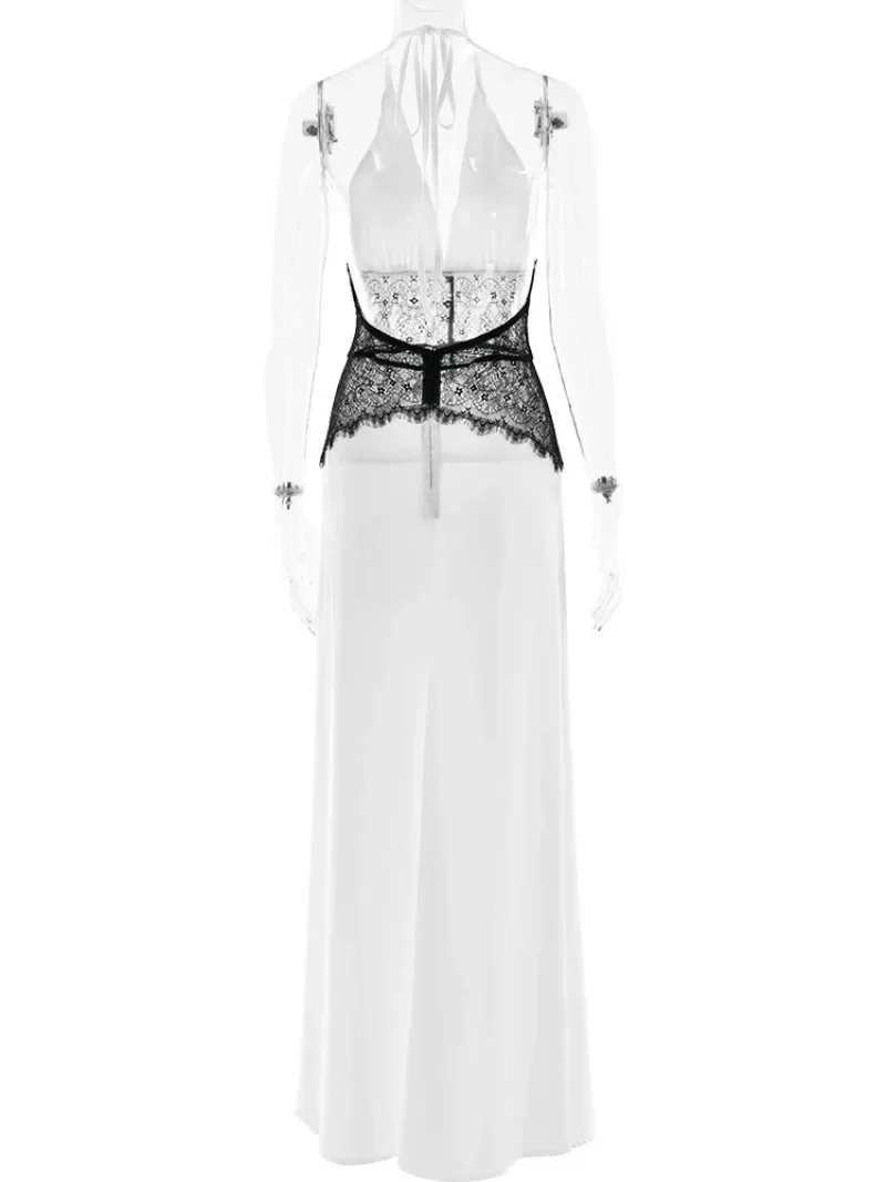 Seksowny głęboki dekolt w serek Backless koronkowy patchwork satynowe sukienki dla kobiet 2025 lato Halter bez rękawów długa, maksi wieczorowa sukienka na imprezę