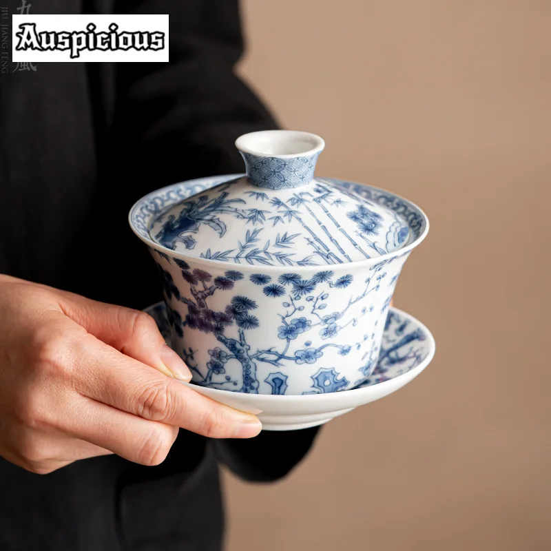 300ml Antique Blue and White Gaiwan Retro Dargon Cup Saucer Tea Tureen Chinese Tea Maker Cover Bowl Tea Services Supplies Craft