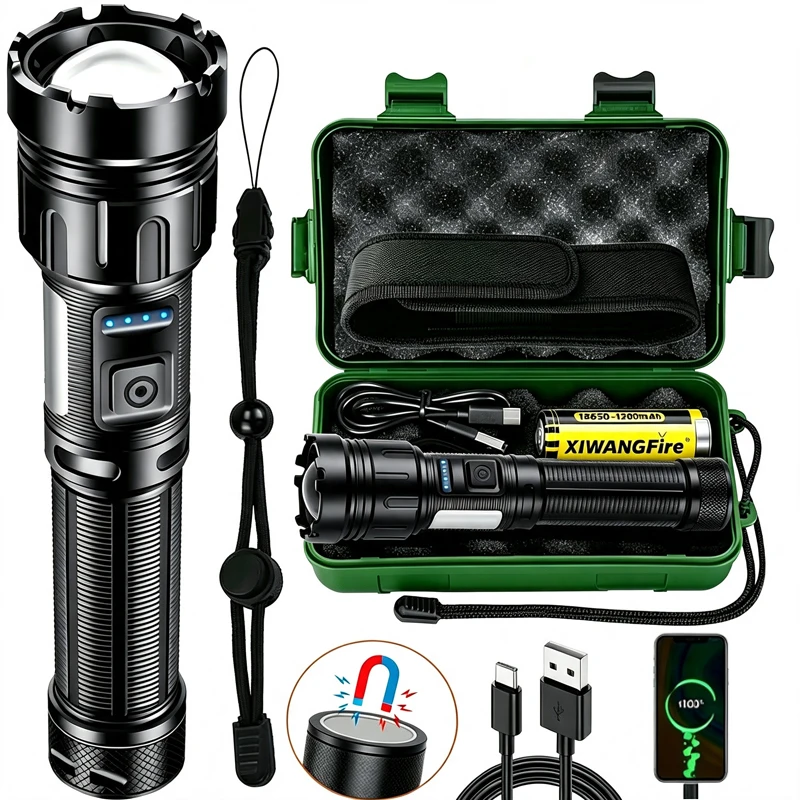 Wiederaufladbare LED-Taschenlampe aus Aluminiumlegierung, Taktische Zoombare Leuchte mit Starkem Magnet für Camping, Verwendet 18650 Akku