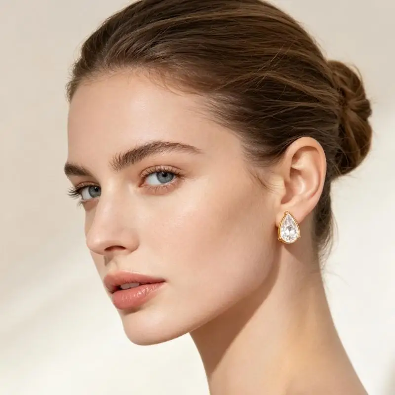 A52E Post Back Clear Stone Ear Studs, Zirconia Pair for Everyday Jewelry Styling, Work Looks, Date Ready Wear and Social Plans