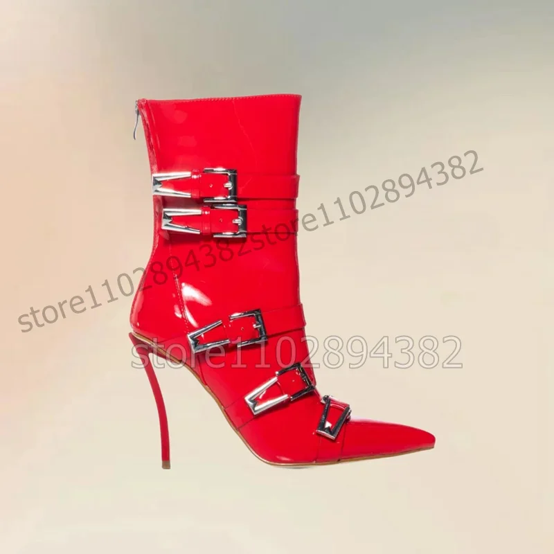 

Red Belt Fastener Patent Leather Pointy Toe Boots Slip On Women Shoes Strange Style Heels Fashion Party 2023 Zapatos Para Mujere