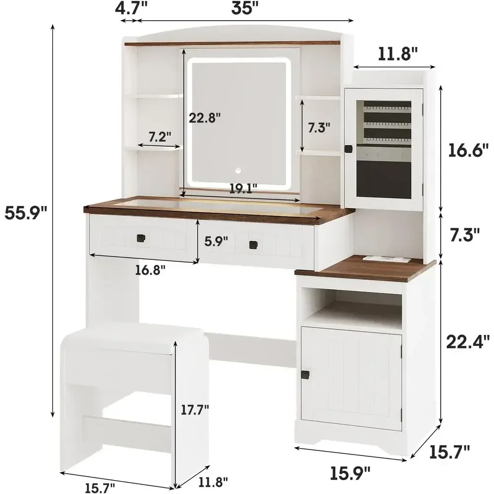 Illuminated Vanity Desk with Glass Top, Makeup Table Set, Power Outlet, Chair, Large Dressing Table with RGB Lights, Mirror Cabi