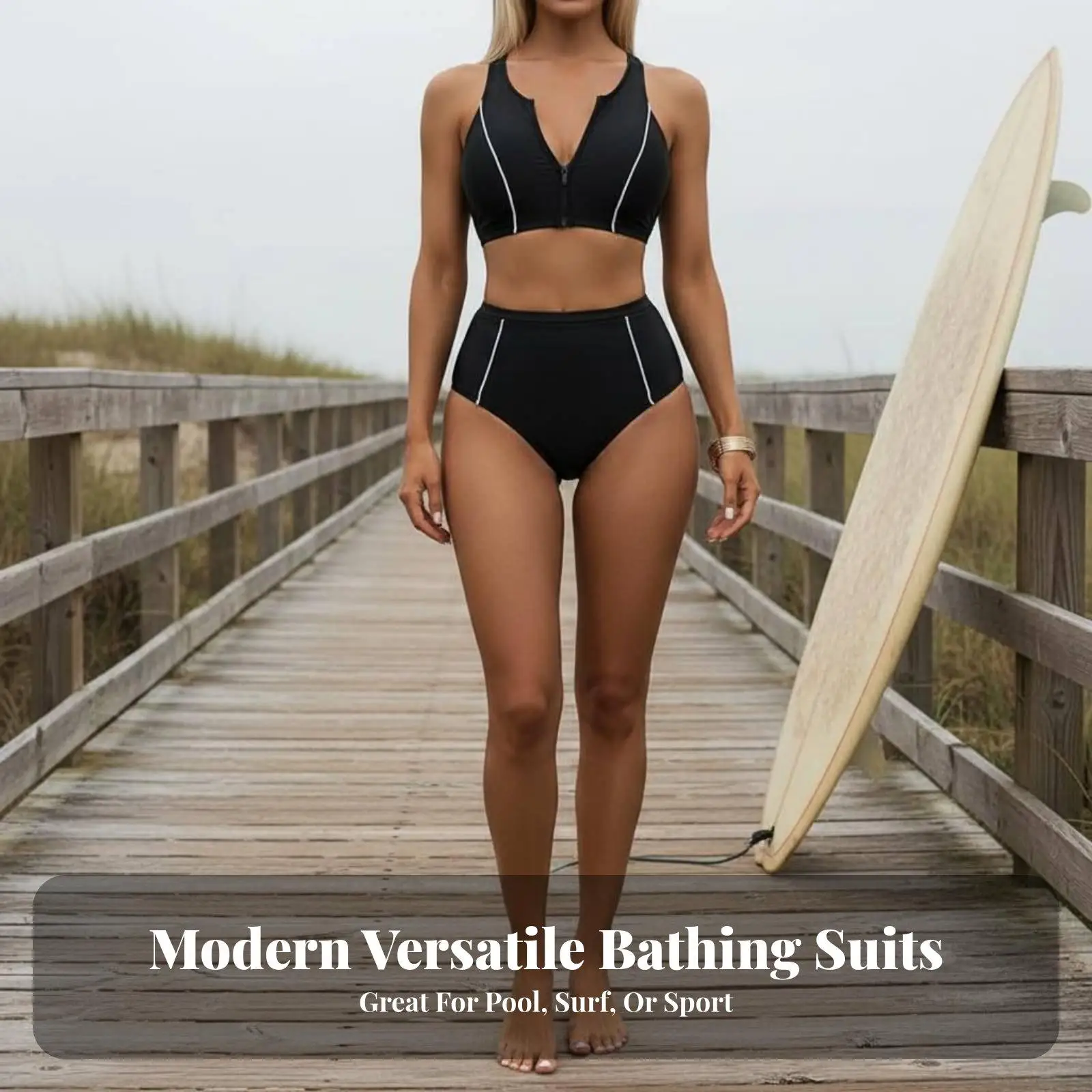 Sporty Two Piece Bikini Set for Women High Waist Push Up Swimsuit Black Racerback Front Zipper Quick Dry Beach Bathing Suit