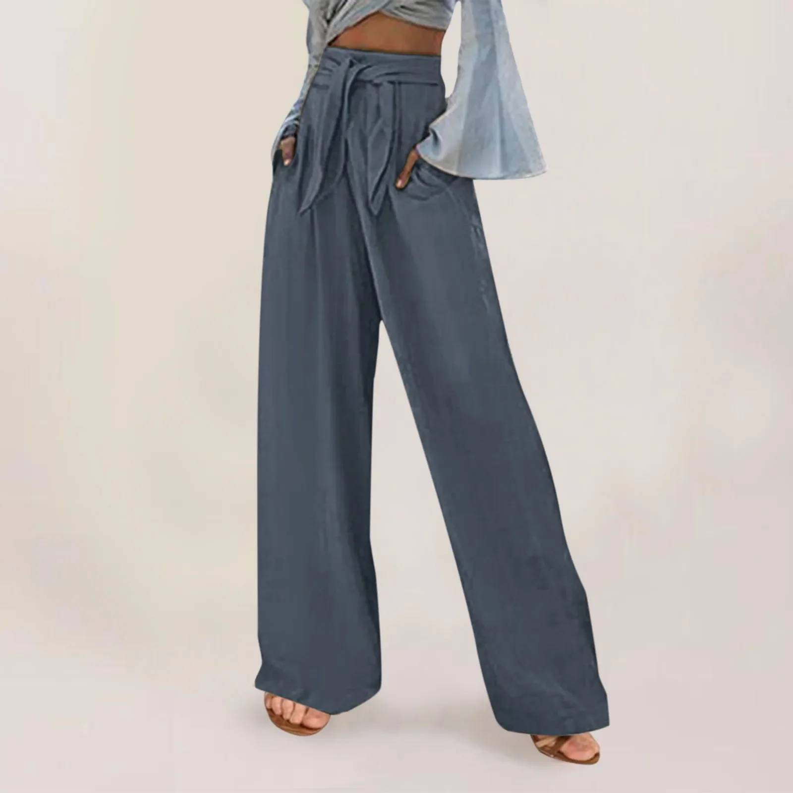 Summer Wide Leg Pants For Women Casual Elastic High Waist 2023 New Fashion Loose Long Pants Pleated Pant Trousers Femme