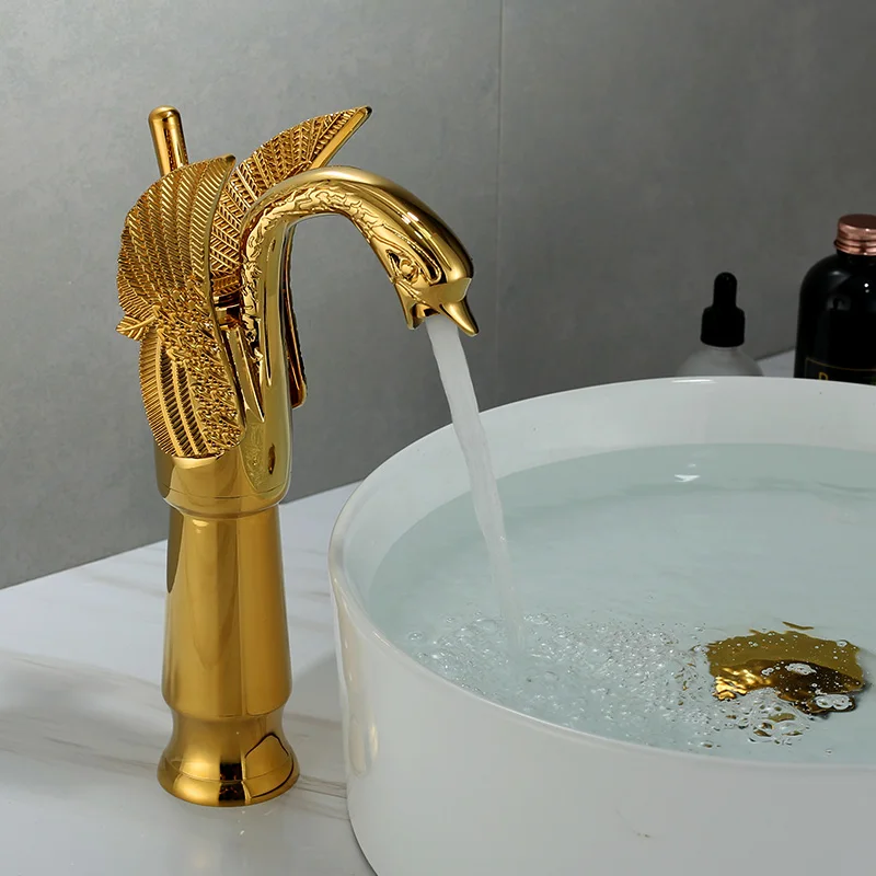 

European-style Antique Swan Hot and Cold Washbasin, Washbasin Bathroom, Retro All-copper Basin Gold Faucet