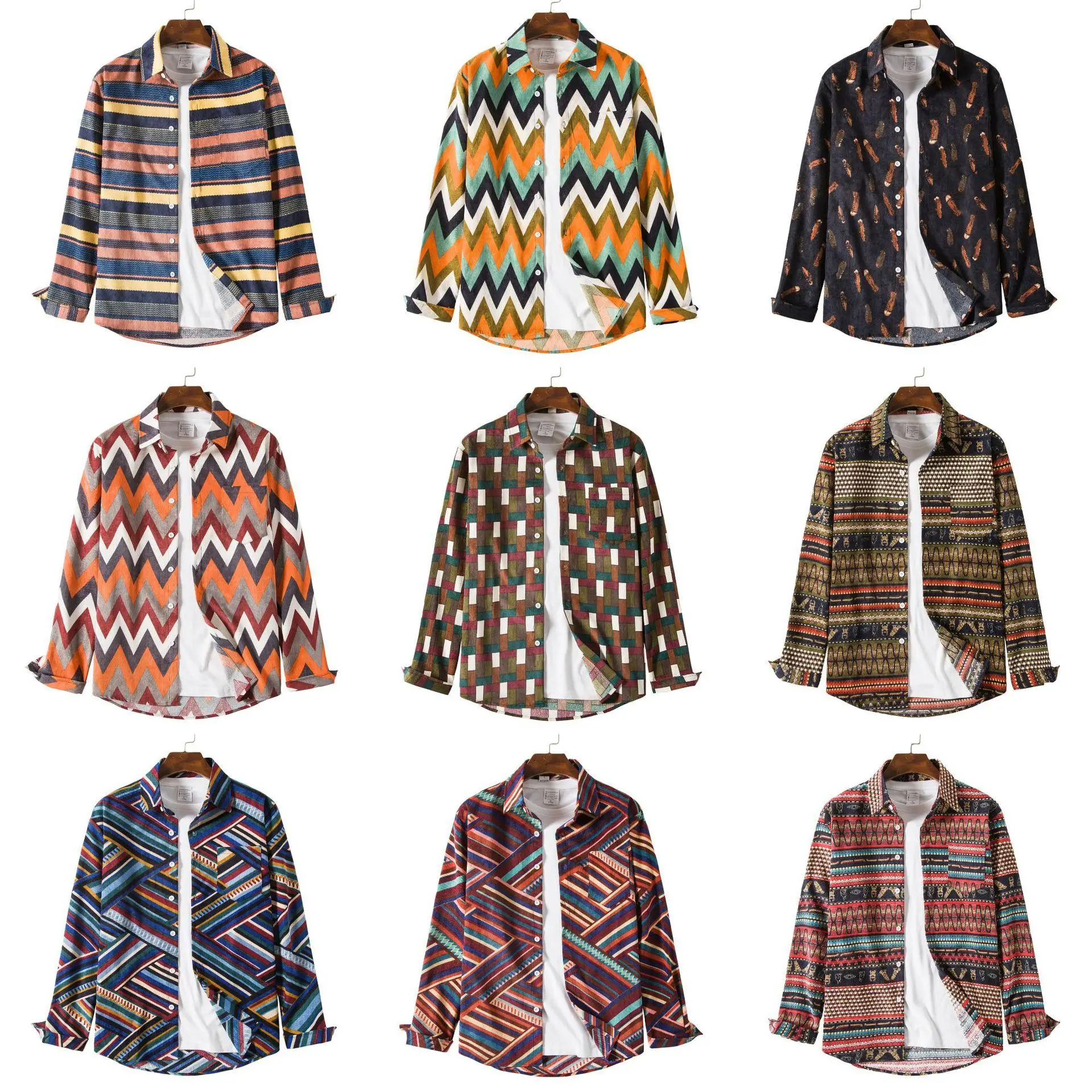 

Fashion Printed Lapel Men's Shirt Loose Fit Long Sleeve Thin Material Youthful Popular Style for All Seasons