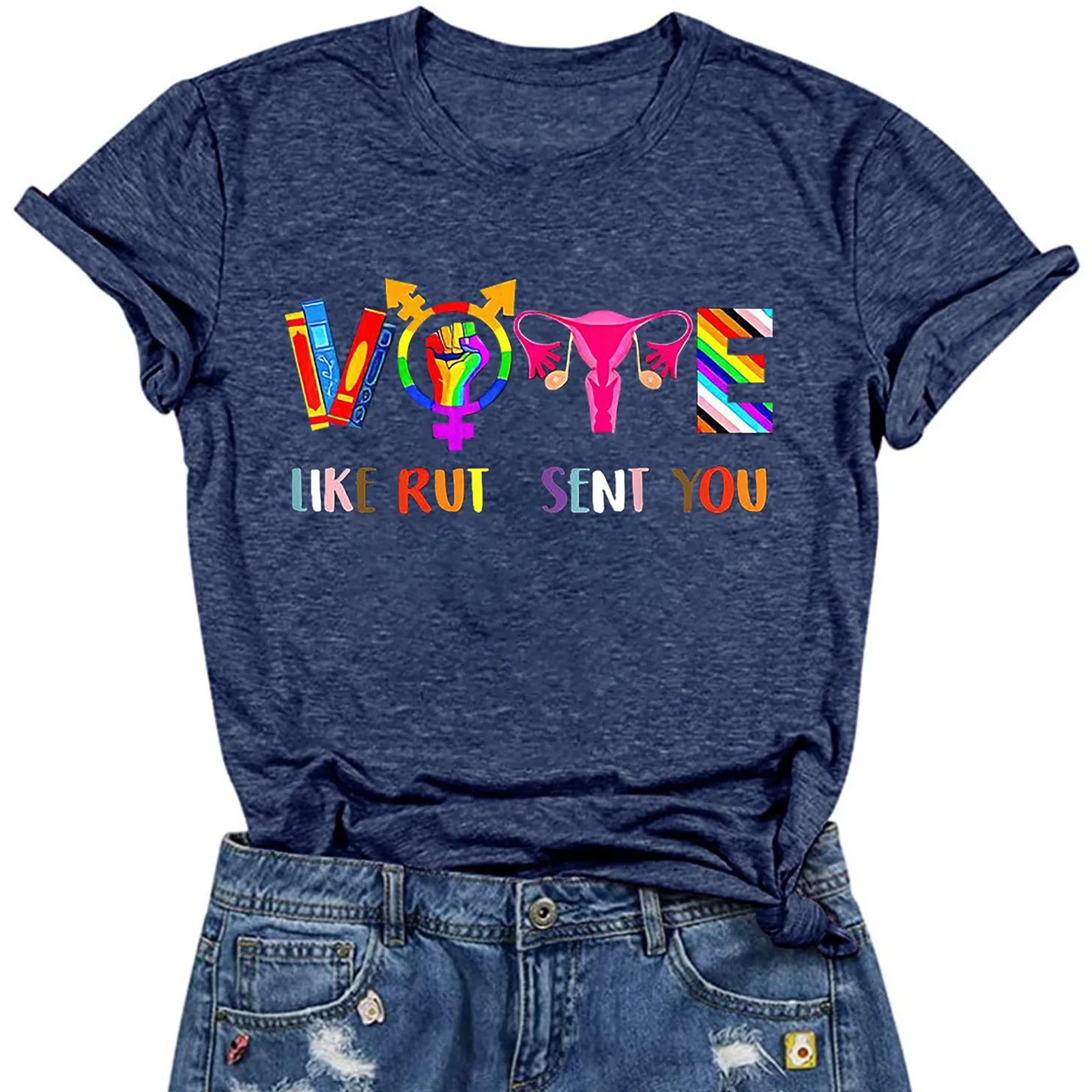 Oversize Back To School Y2k T-Shirt Women'S Baggy Colorful Printed Short Sleeve Tees Vote Like Rut Sent You Graphics T-Shirt