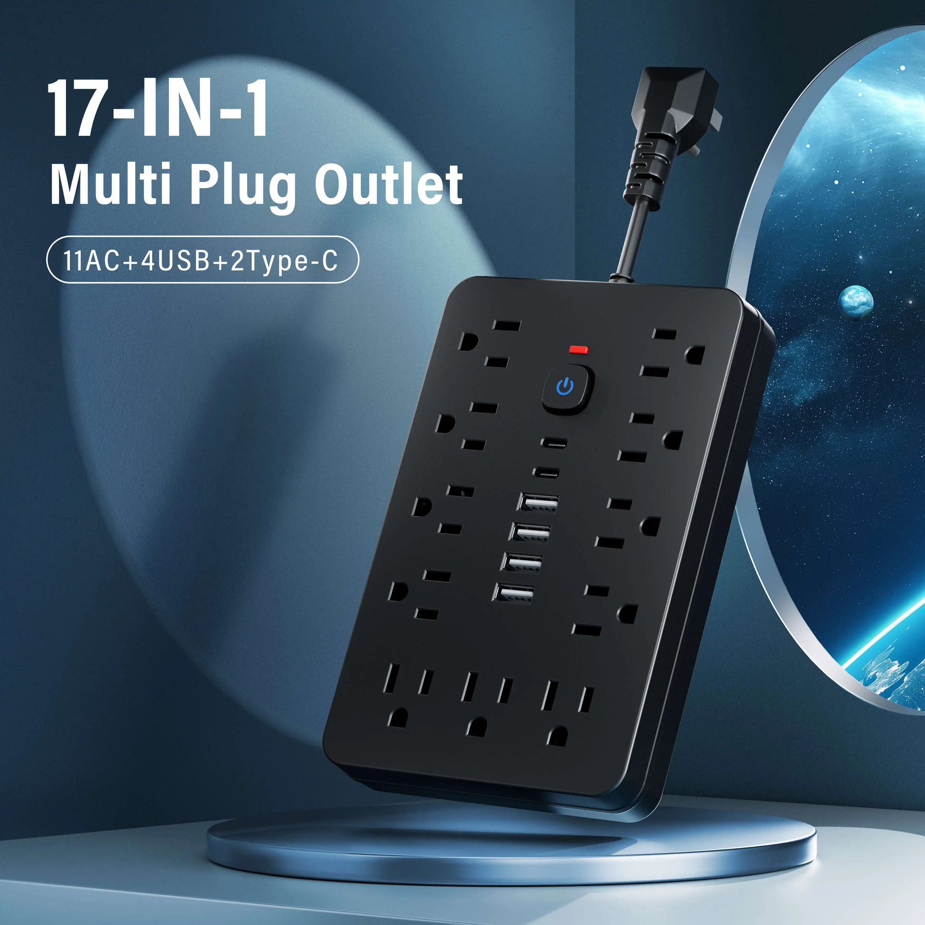 Versatile 17-in-1 Power Hub with Surge Protection - Includes 11 AC Outlets, 4 USB Ports & 2 Type-C