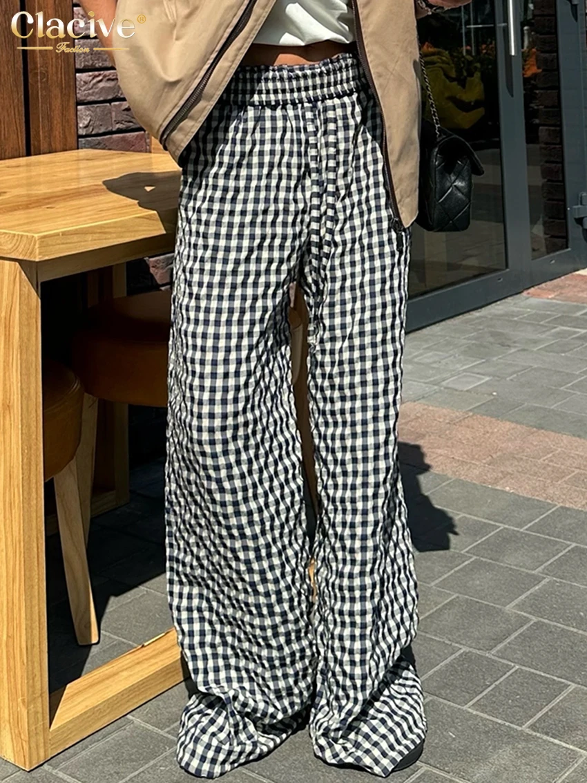 

Clacive Fashion Loose Plaid Women Pants 2025 Vintage High Waist Wide Trousers Elegant Classic Full Length Pants Female Clothing