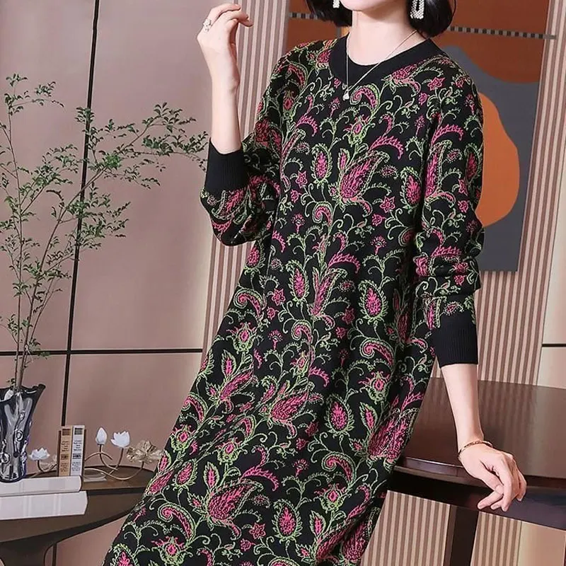 

Women's Clothing Casual O-Neck Dresses Vintage Folk Printed Autumn Winter Long Sleeve Stylish Spliced Loose Straight Midi Dress