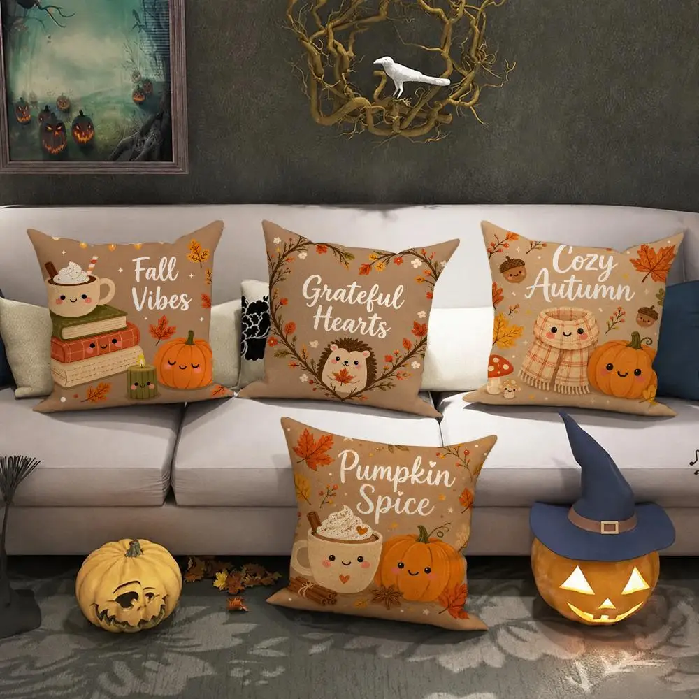 Cozy Fall Pumpkin Decor Cushion Cover Halloween decoration trick or treat cushion cover, ghost, pumpkin head, bat decoration