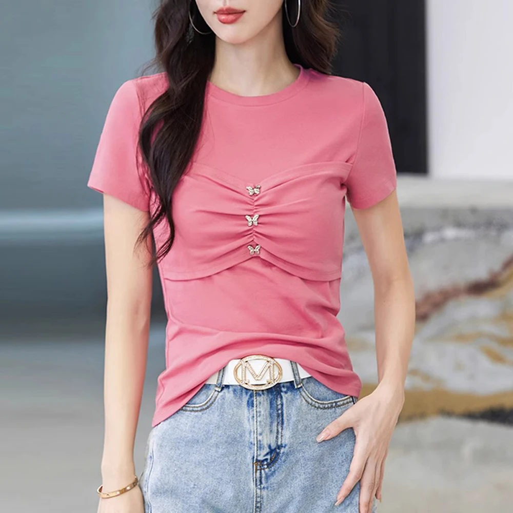 Watermelon red pure cotton short sleeved t-shirt women's summer new fashion casual slim fit butterfly bow inlaid diamond short t