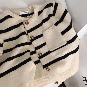 Unisex Striped Kids' Knit Cardigan 5 Fashion striped Kids sweater Boys Single breasted knit Coat Girls soft loose O-Neck knitted Cardigan 5