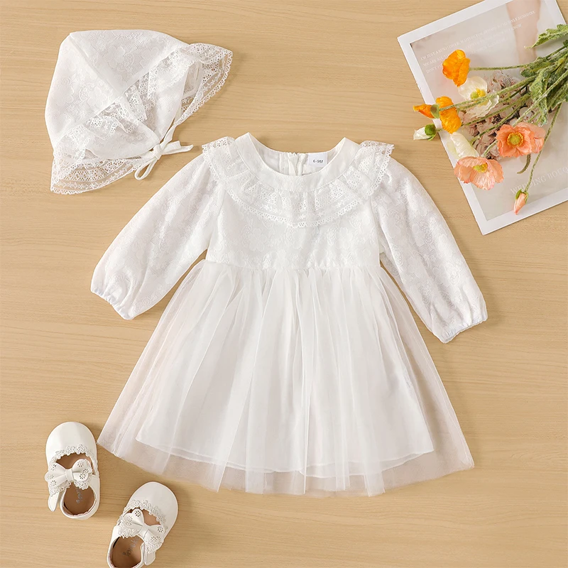 2PC Girls\' Lace Lace Lace Long Sleeve Tulle White Dress+Lace Lace Hat Sweet and Cute Fashion Style Fluffy Dress Summer Children