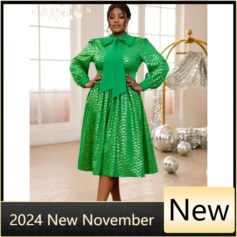 Women Green Printed Dress Lace Up Bowtie Long Lantern Sleeve A Line  Shiny Fashion Elegant Party Office Ladies Plus Size