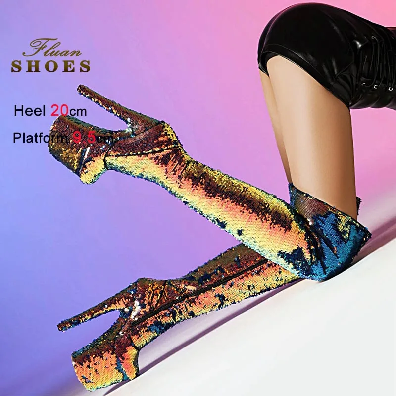 

Новые женские сапоги выше колена на очень высоком каблуке, на толстой подошве, длинные сапоги-ботфорты, сексуальные туфли на шпильке для сцены и танцев на пилоне, женская обувь, сапоги до бедра CD