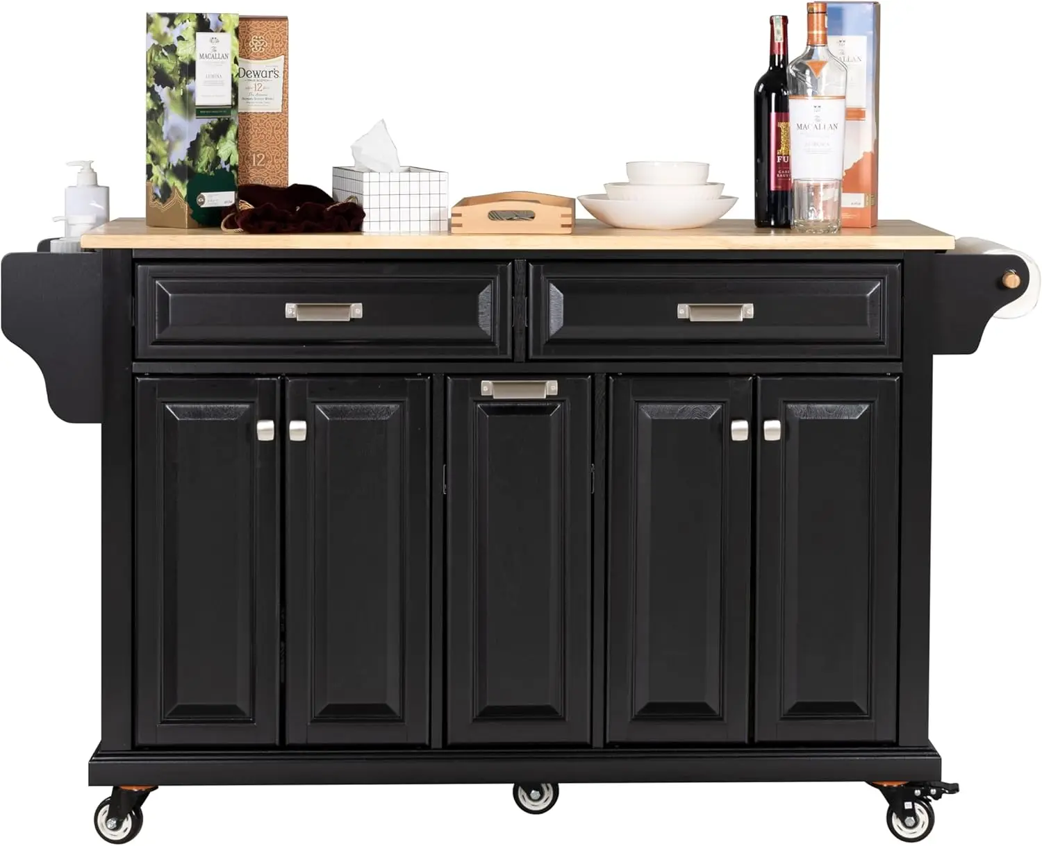 Cambridge Mobile Kitchen Island on Wheels with Storage and Wood top, Rolling Island with Spice Rack and Towel Holder,