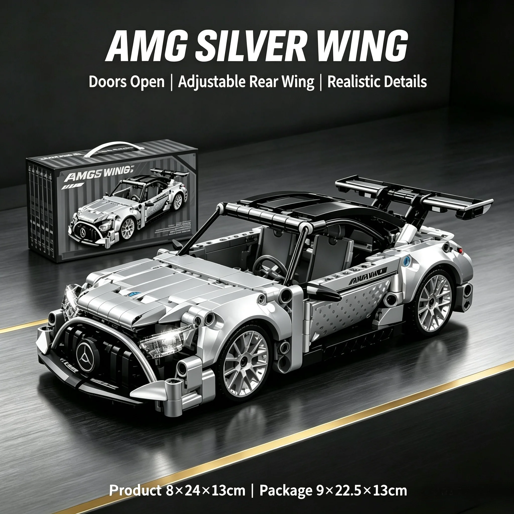 AMG Silver Wing Sports Car Building Blocks Model, MOC Racing Car Bricks Toy, Openable Doors Adjustable Rear Wing, DIY Assembly T