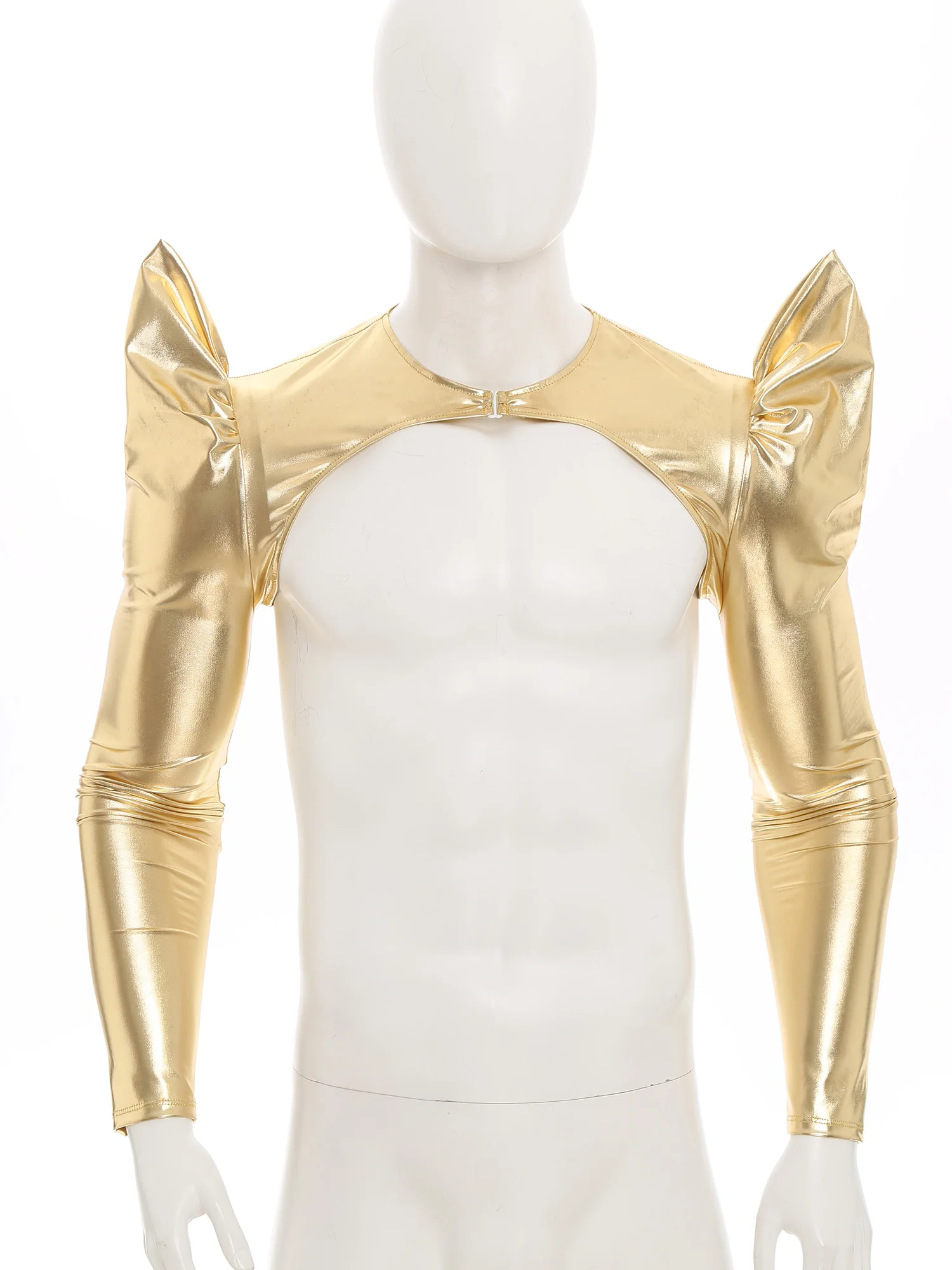 Mens Shiny Metallic Crop Top Crew Neck Rising Shoulder Long Sleeve Shrug Blouse Tops Holoraphic Shoulder Cover Layering Clubwear