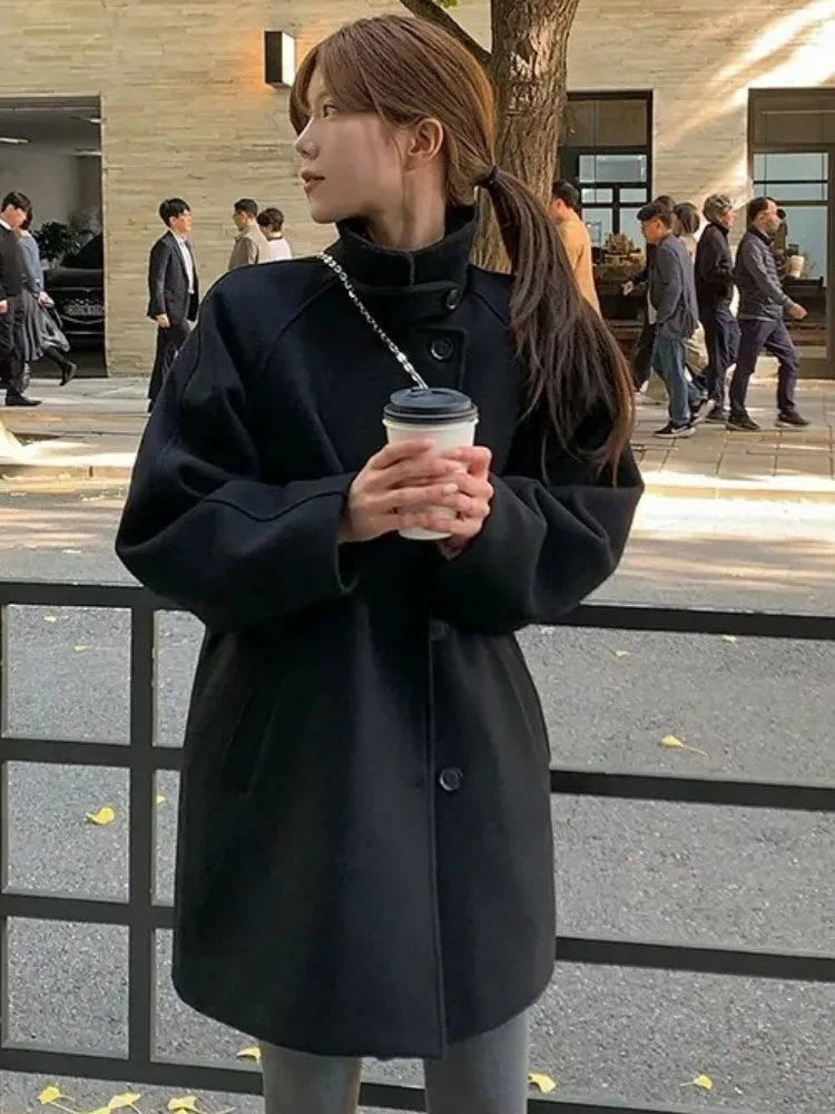 

Женское длинное пальто в стиле ретро Briti Sle, свободное твидовое пальто на одной пуговице с воротником-стойкой, зимнее новое поступление, универсальная верхняя одежда