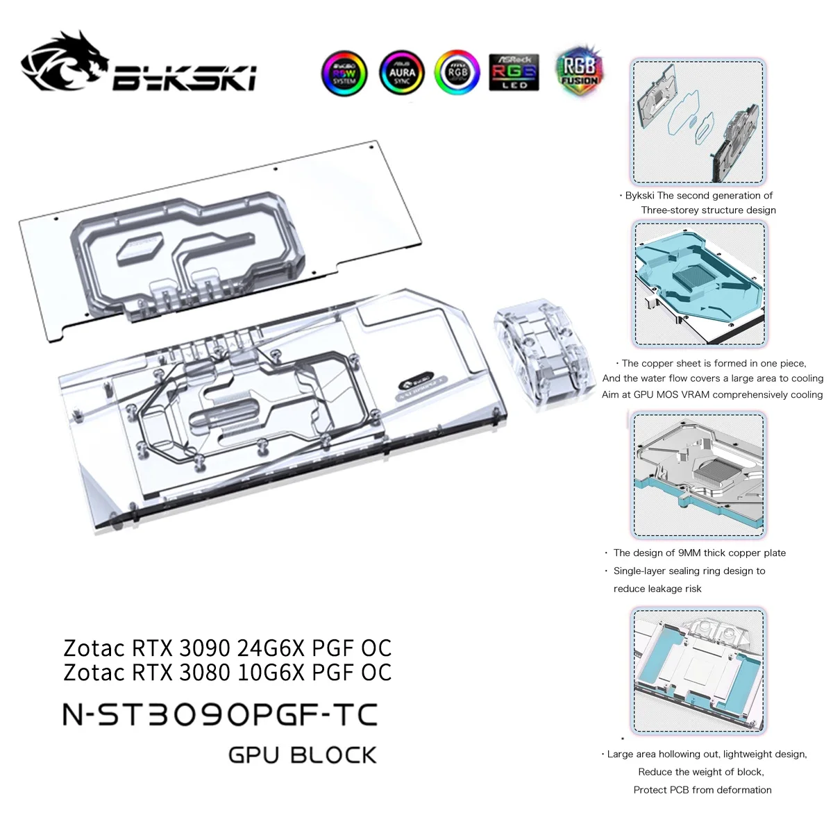 

Bykski GPU Block With Active Waterway Backplane Water Cooling Cooler For Zotac RTX 3090 3080 PGF 24G6X 10G6X N-ST3090PGF-TC