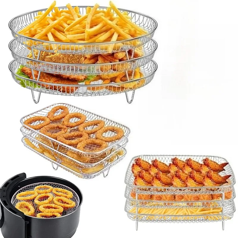 

Cooking Tools 3-layers Air Fryer Rack Stackable Grilling Stainless Steel Airfryer Oven Grill Steamer Cooker Kitchen Gadgets