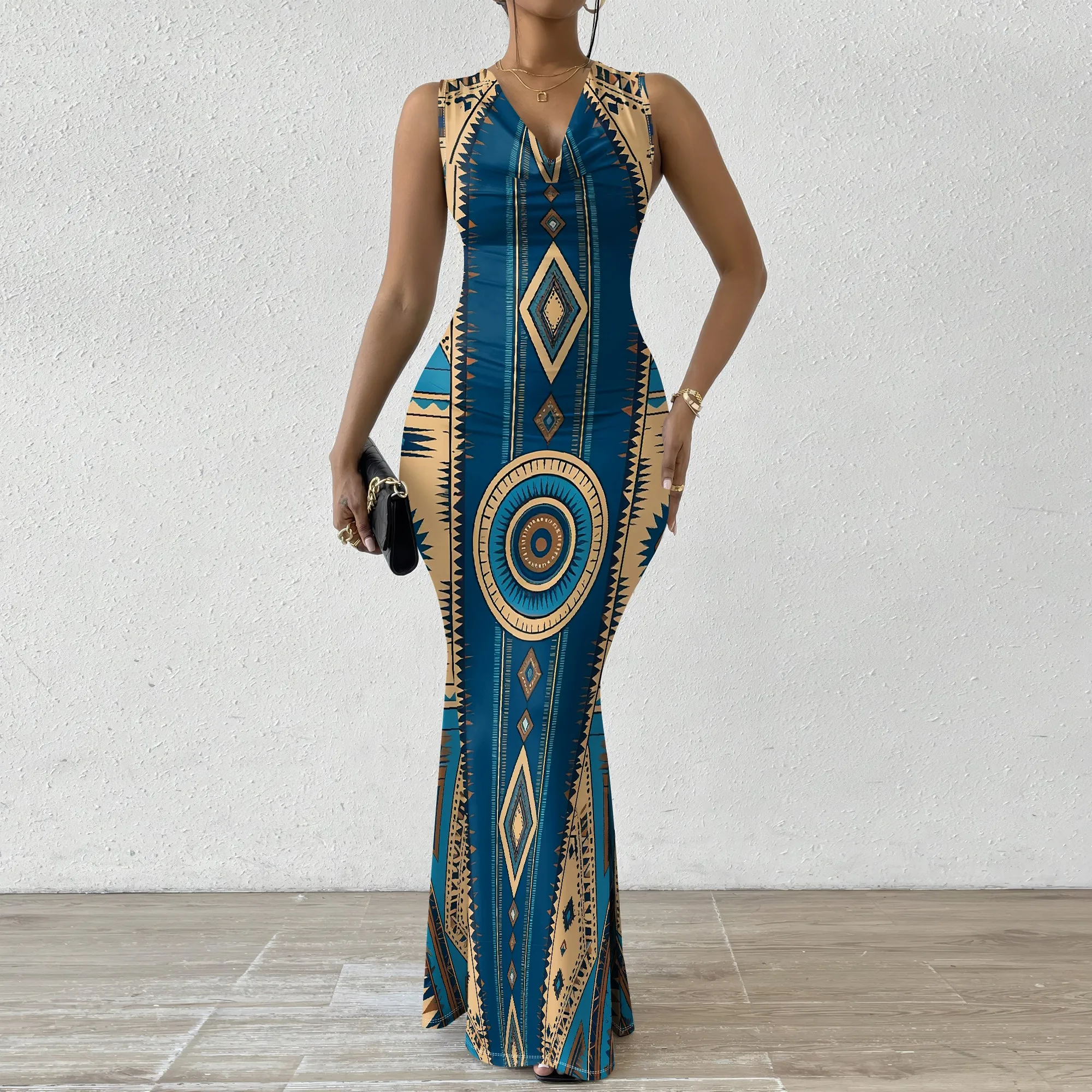 

Elegant Women's Tribal Print Maxi Dress V-Neck Slim Fit Mermaid Prom Dress S-2XL