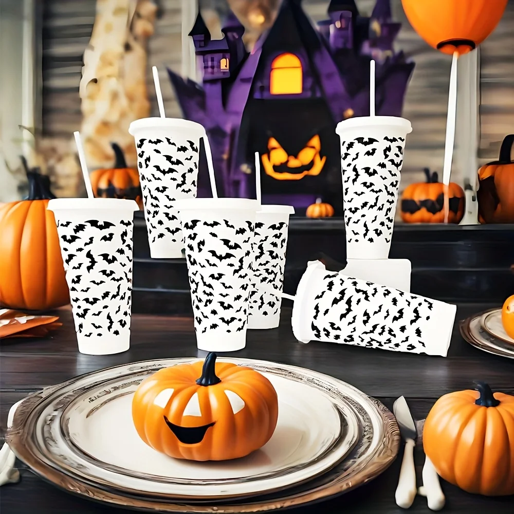 10/20 Pack 24oz Halloween Plastic Cups With Lids And Straws Halloween Bats, 710ml Plastic Tumblers Cup Bulk Trick Or Treat Cups, Reusable Cup Bulk Favors, Decorations Indoor Home, Gifts Birthday Housewarming