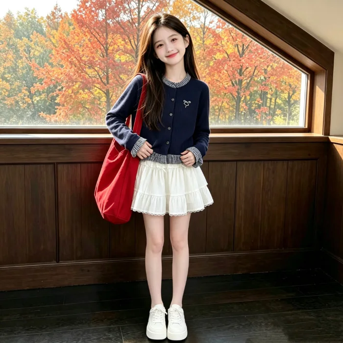 Winter Autumn Girls Cloth Child set long sleeve plaid Teens cardigan top sweatshirt + bow JK pleated tutu skirt 4 6 8 10 12 year