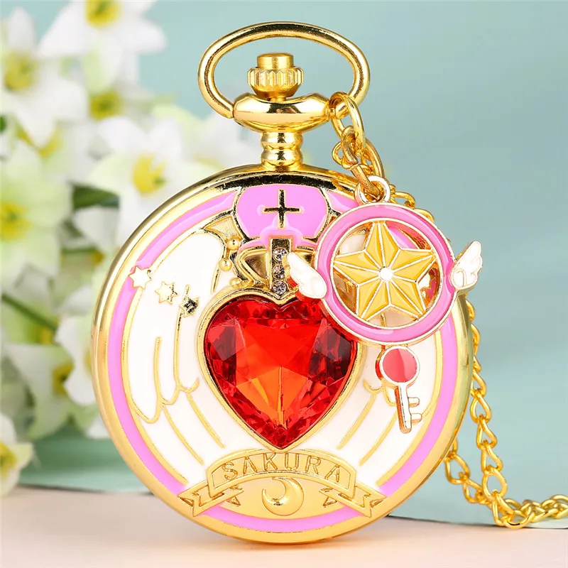 Mode Japan Anime Ontwerp Dames Quartz Analoog Zakhorloge Rood Kristal Hart Design Lange Trui Ketting Souvenir Cadeau Klok