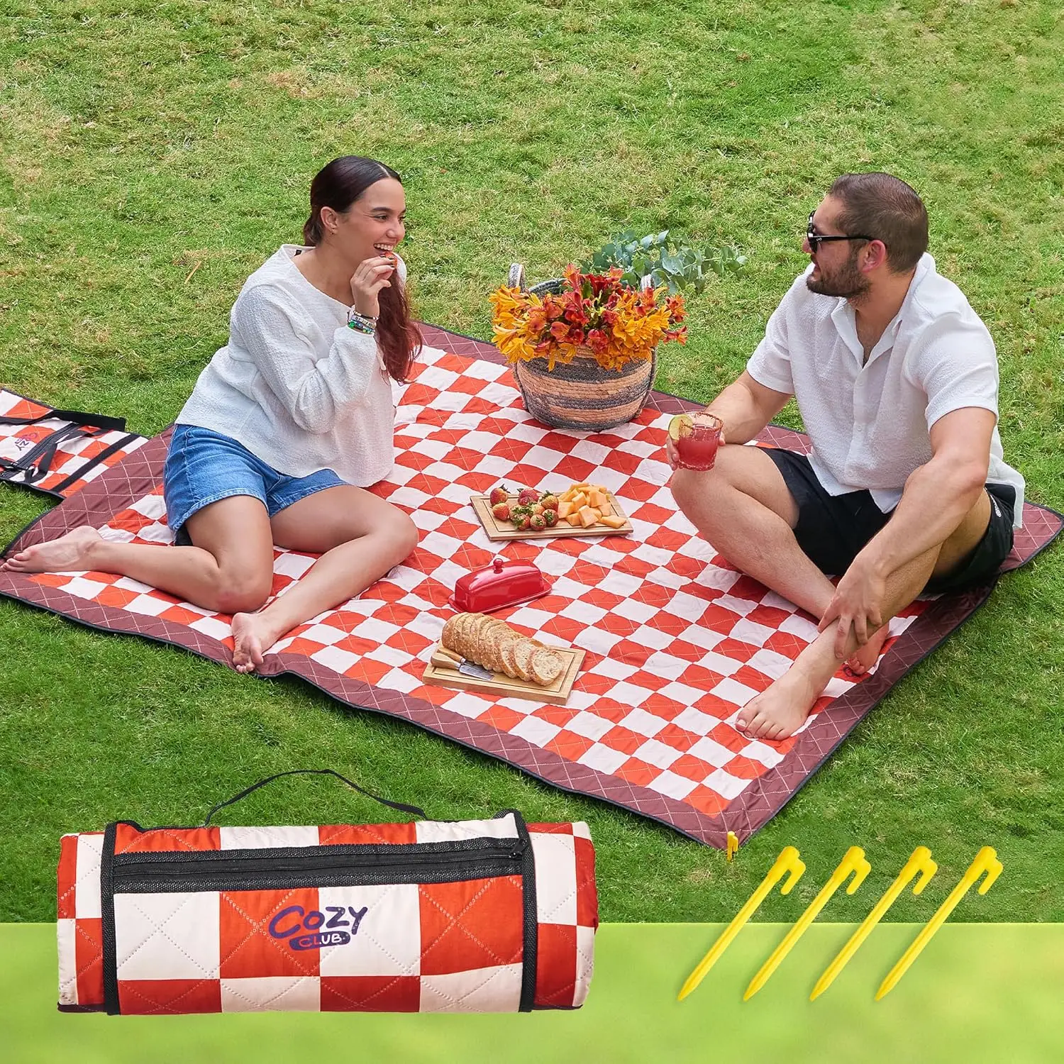 

Waterproof Picnic Blanket 60x70 - Sandproof Beach Mat with Stakes, Pocket & Strap, Foldable for Camping Travel