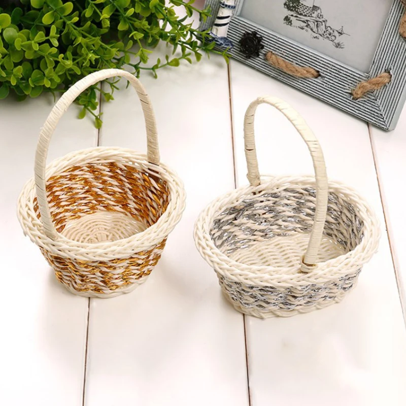 1 Pc Woven Flower Basket Hand-Held Basket Wedding Party Decorative Plastic Basket 10X10X13CM