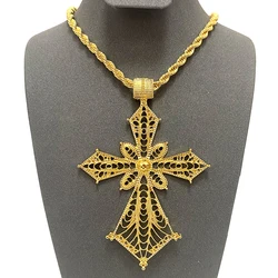 Ethiopian Cross Pendant  for Women Men with 80cm Twisted Chain African Wedding Party Gold Color Ethiopian Eritrea Jewelry Gift