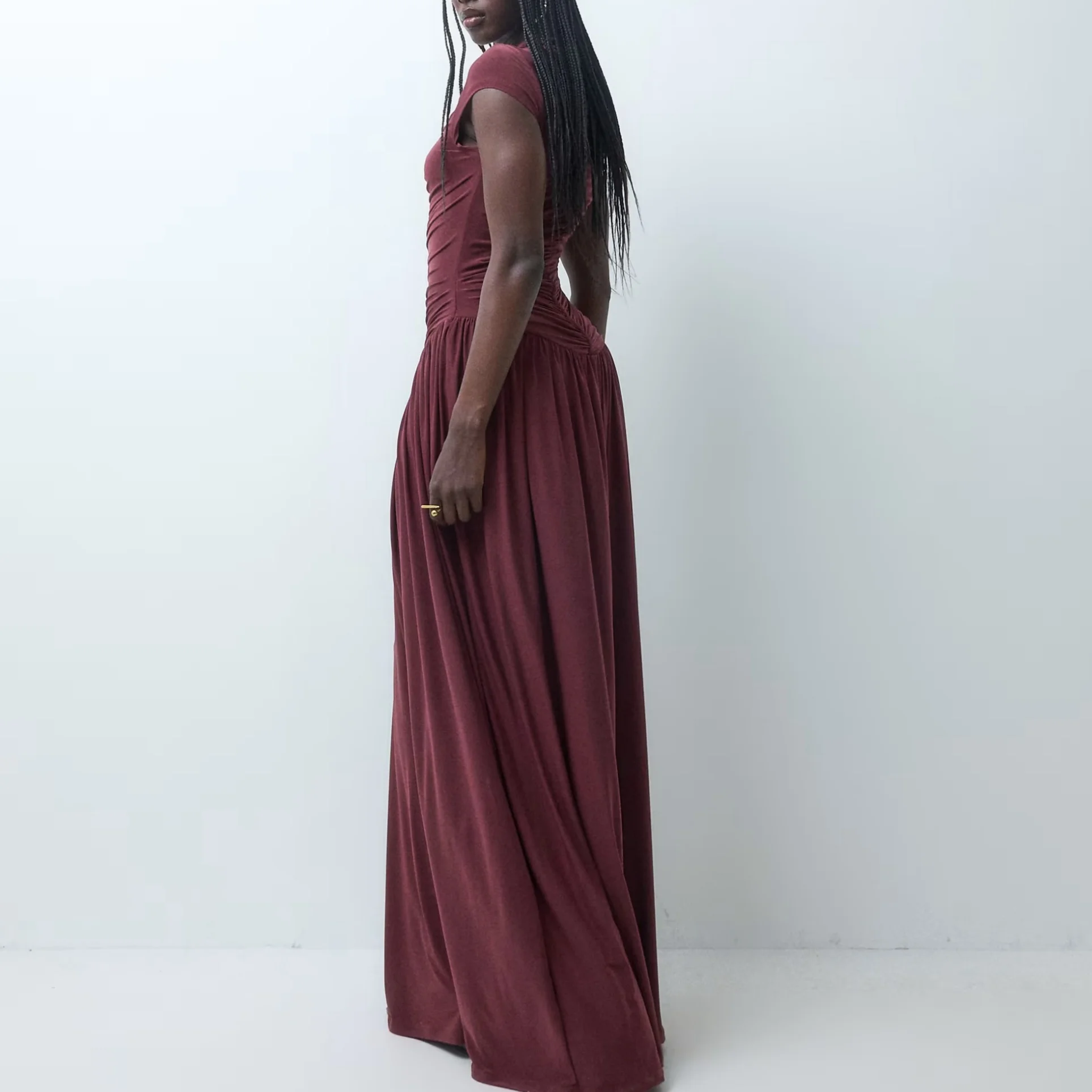 New Cap Sleeve Stretch Jersey Maxi Dress Mock Neck Front Ruched Keyhole Back Evening Gown Wedding Guest Customized