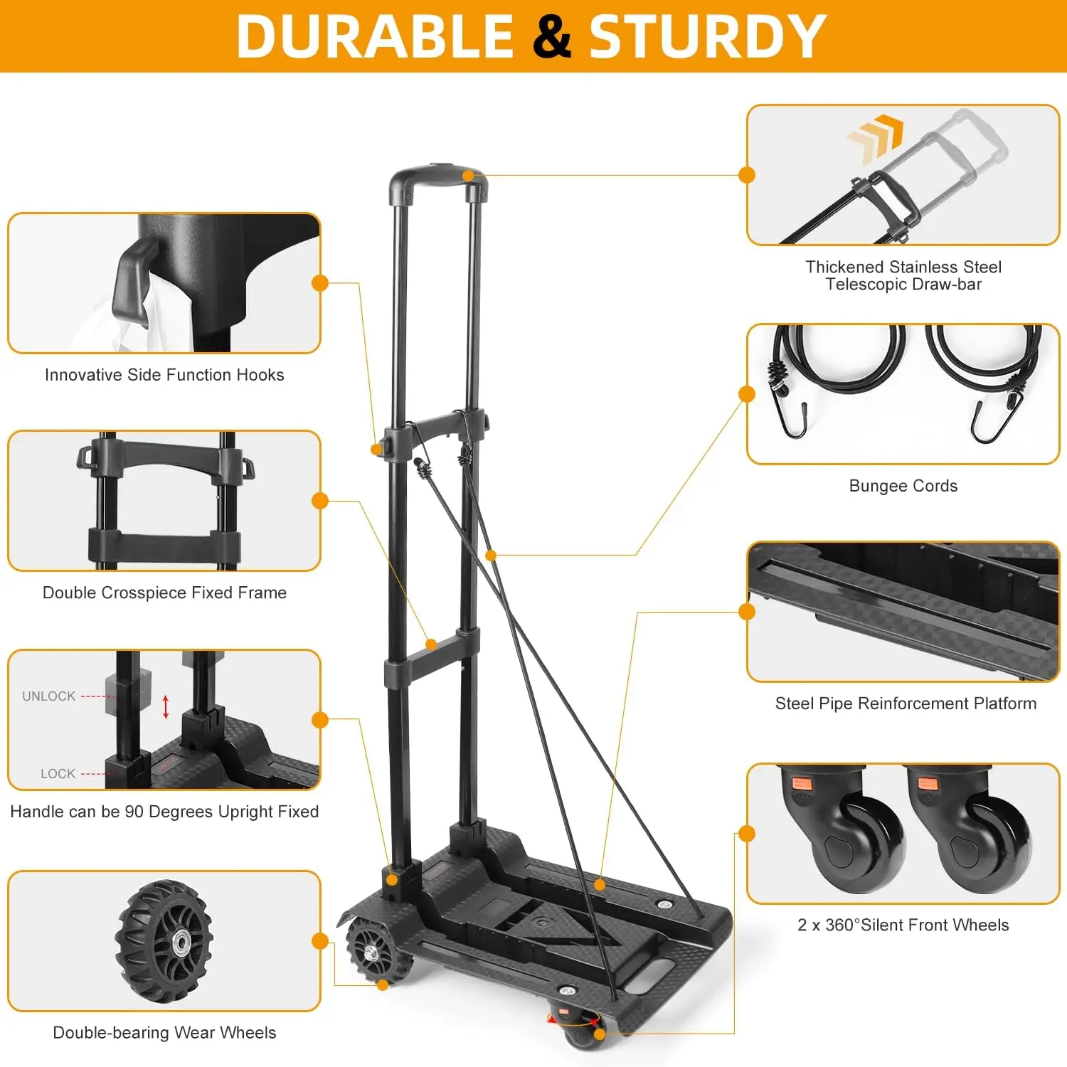 Heavy Duty Folding Trolley - 4-wheel Compact Multipurpose Cart with Adjustable Handle, Portable and Sturdy Construction