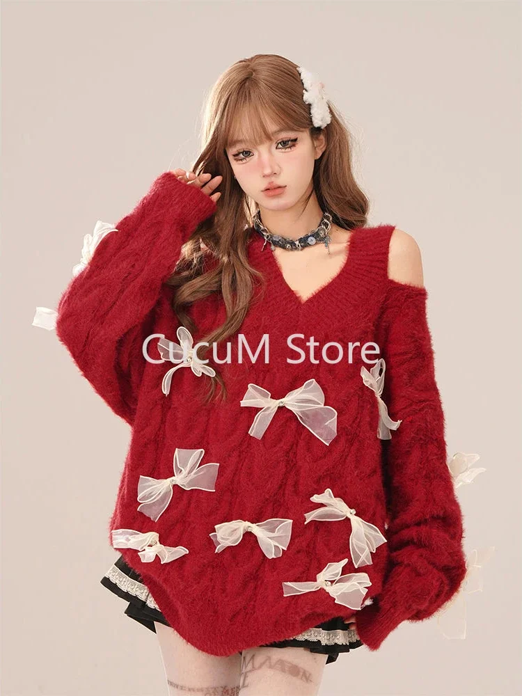 2024 neue elegante Strick pullover Frau lose lässige koreanische Mode Pullover ästhetische kawaii süße reine Farbe Pullover E-Girls