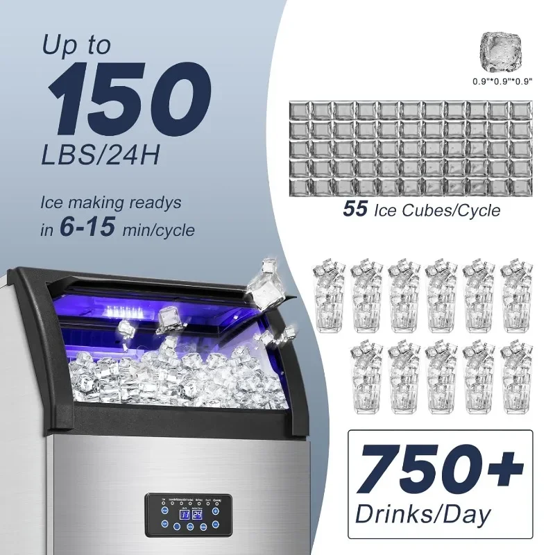 Commercial Ice Maker Machine 150LBS/24H with 50LBS Storage Bin, Stainless Steel Undercounter